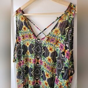 ASTR Sheer Floral-Geometric Cold-Shoulder Swim Coverup Kaftan Dress Tropical